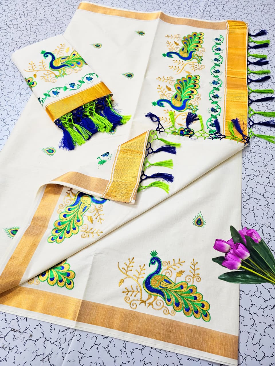 ONAM Special Saree - White Green Blue