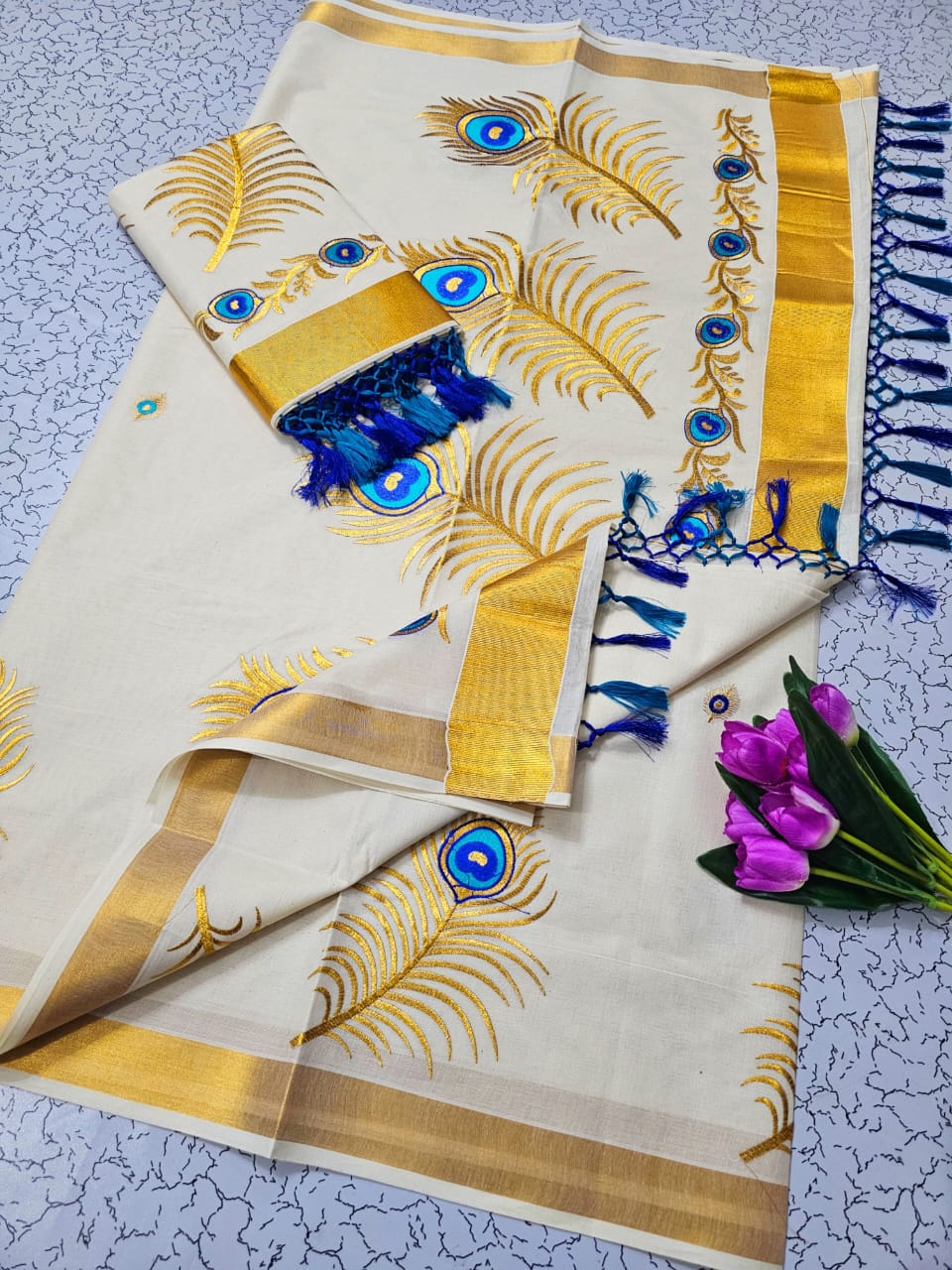 ONAM Special Saree - White Yellow Blue