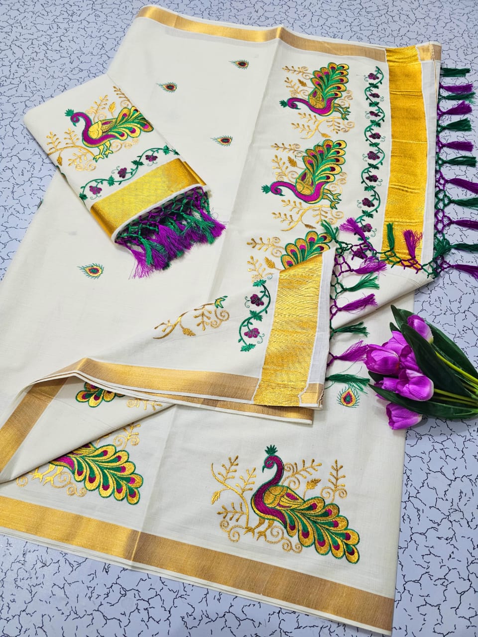 ONAM Special Saree - White Green Pink