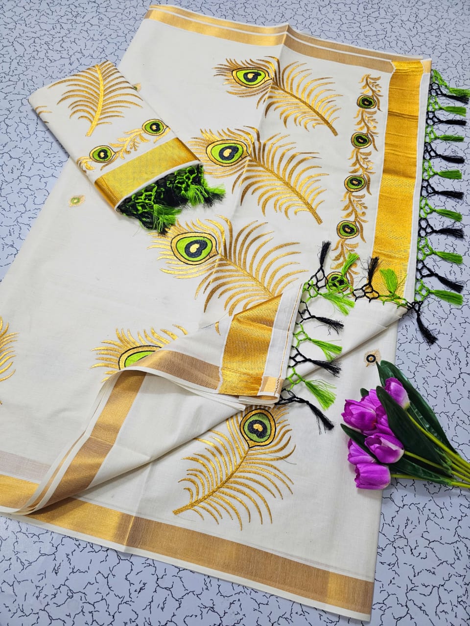 ONAM Special Saree - White Yellow Green