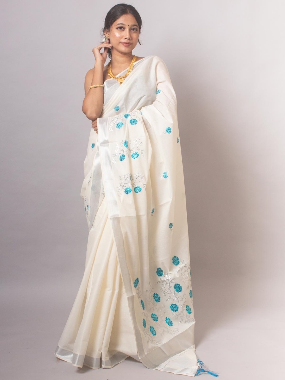 ONAM Special Saree - White Sky Blue