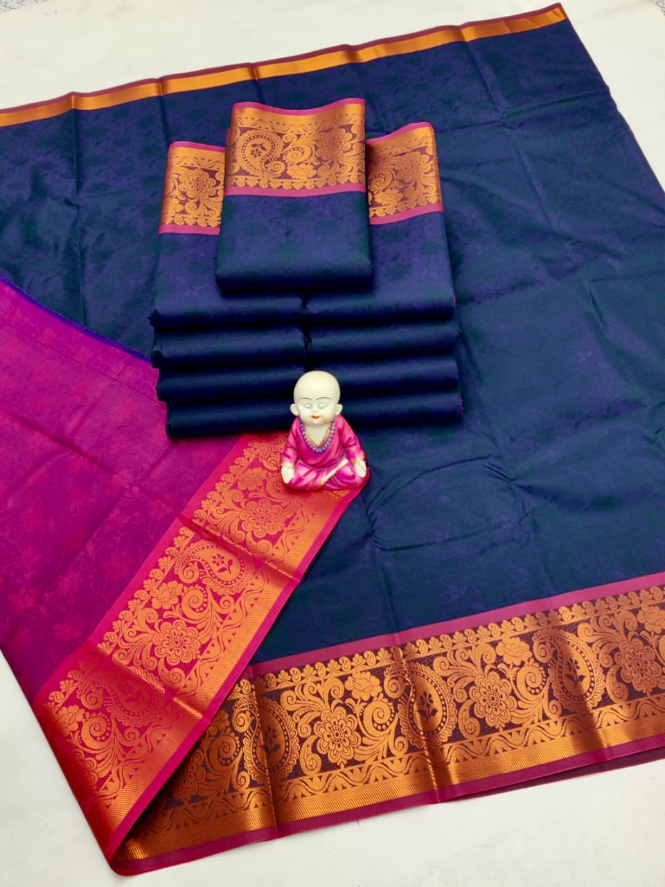 3D Embossed Art Silks Saree_Navy Blue