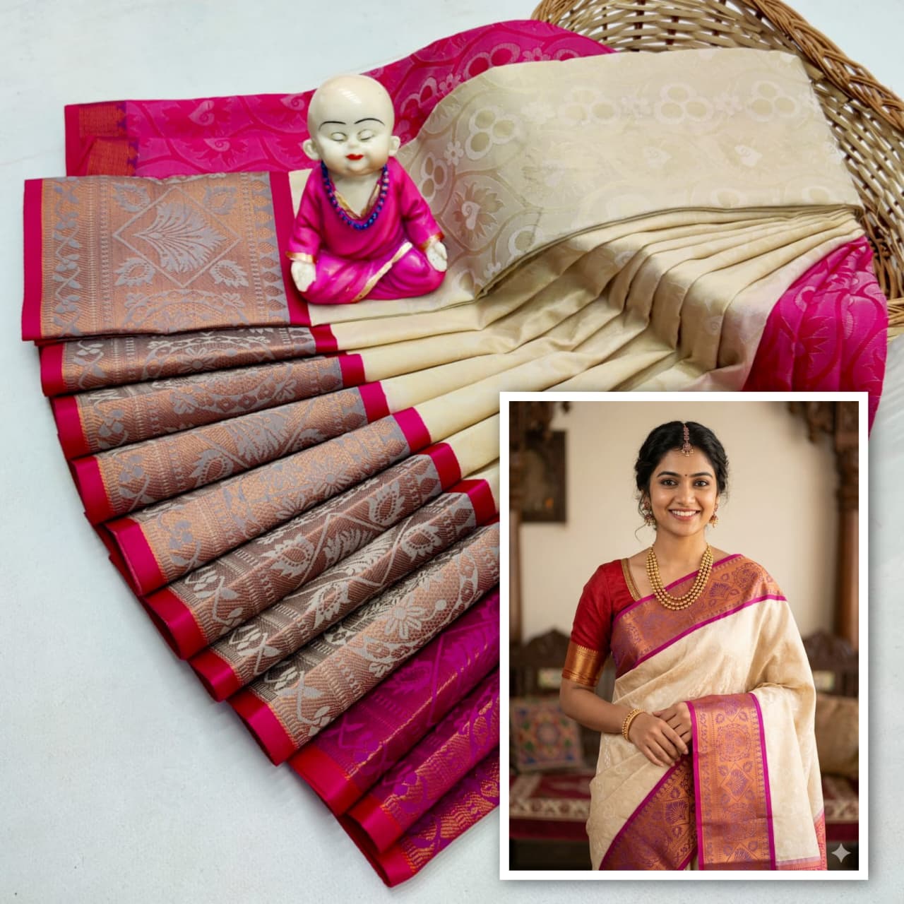 3D Embossed Art Silks Saree_Beige Pink