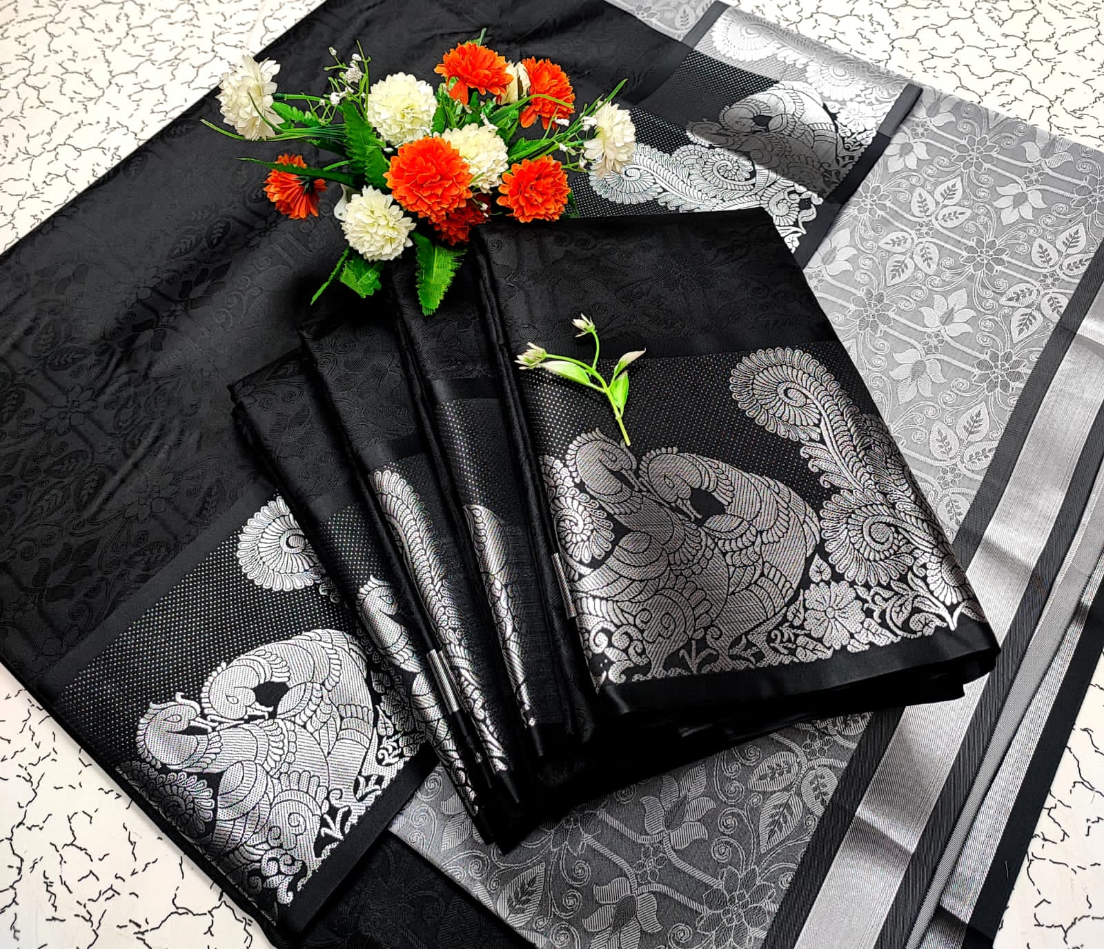 3D Embossed Art Silks Saree_Black Grey