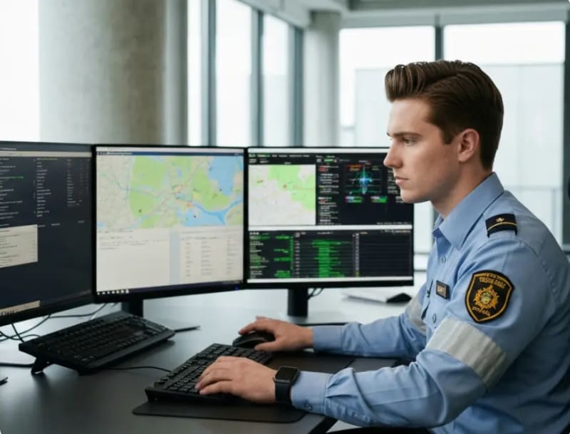 Professional dispatcher working at a multi-monitor desk