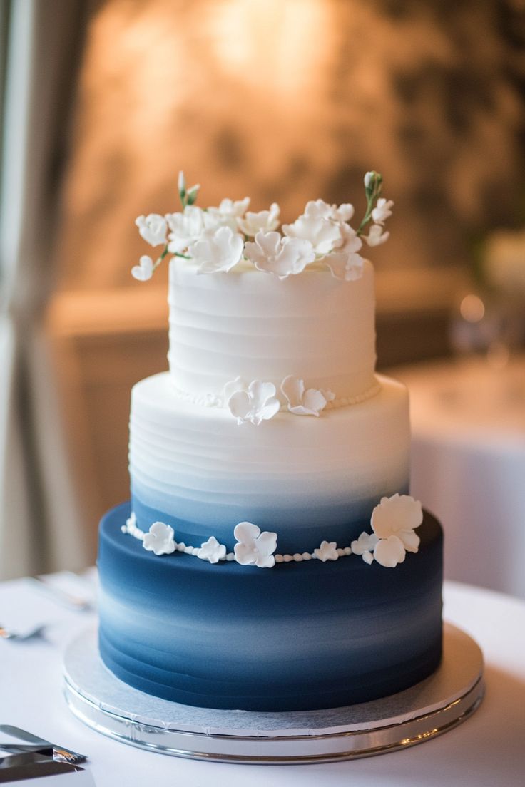 Wedding cake with white and blue decoration
