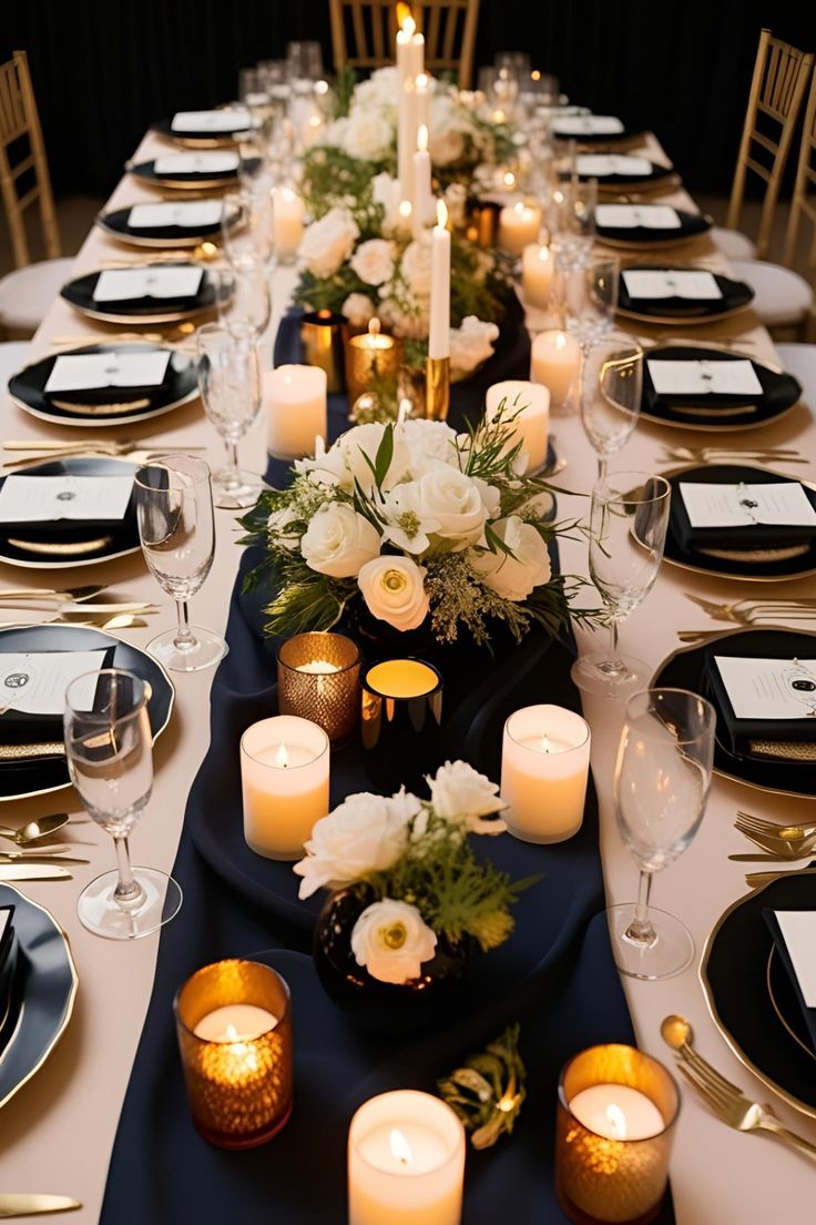 Wedding table setting with blue accents