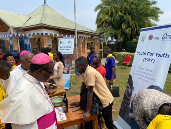 Bishops of Ruhengeri and Gikongoro during a tour at Mini Exhibition of Y4Y & GKN Participants. PHOTO by: Olivier Ndamukunda / Caritas Rwanda.