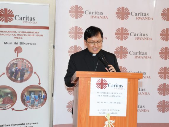 Bishop Arnaldo Sánchez Catalán, Apostolic Nuncio to Rwanda, delivering the speech to the General Assembly of Caritas Rwanda 2024.