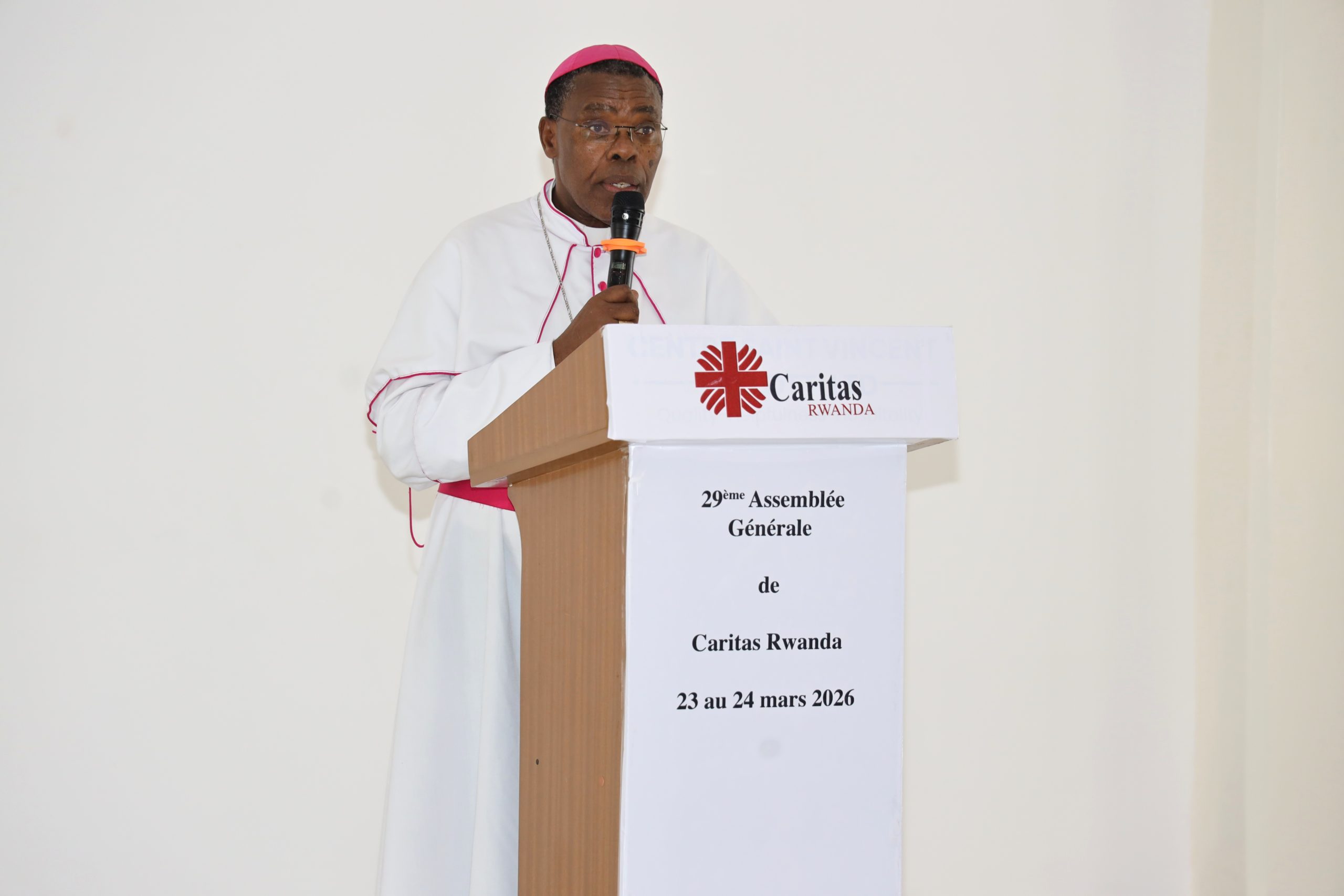 H.E. Bishop Anaclet Mwumvaneza, addressing participants in the Caritas Rwanda 29th General Assembly.