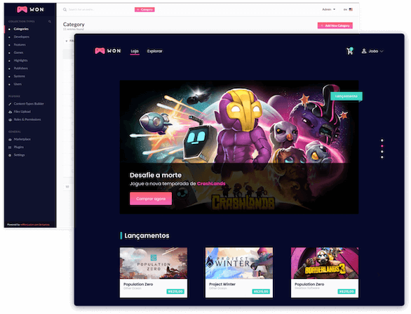Tela com um ecommerce na frente e um CMS atrás