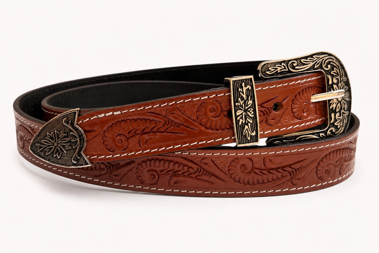 The Rancher Tooled Belt - handcrafted premium leather accessories in Cognac Tan - view 1