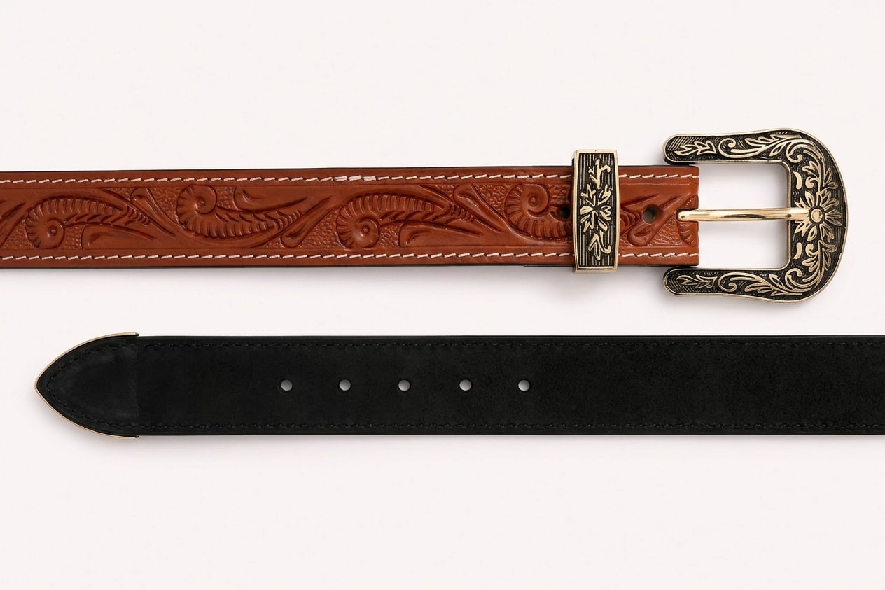 The Rancher Tooled Belt - handcrafted premium leather accessories in Cognac Tan - view 3