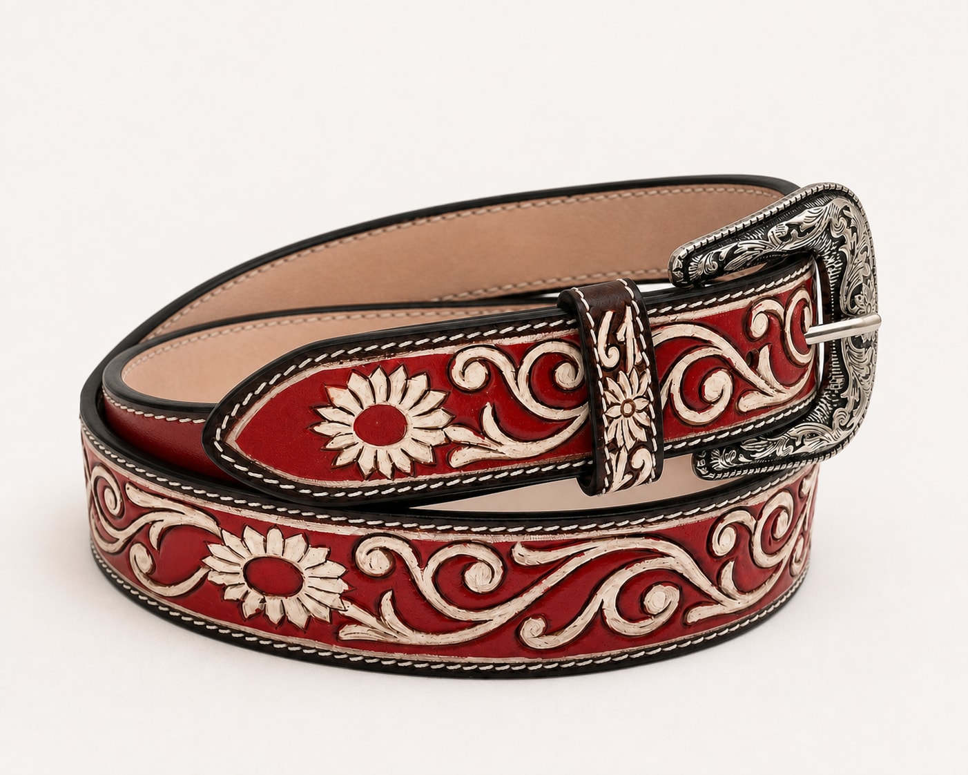 The Renegade Tooled Belt - handcrafted premium leather accessories in Crimson Red - view 3