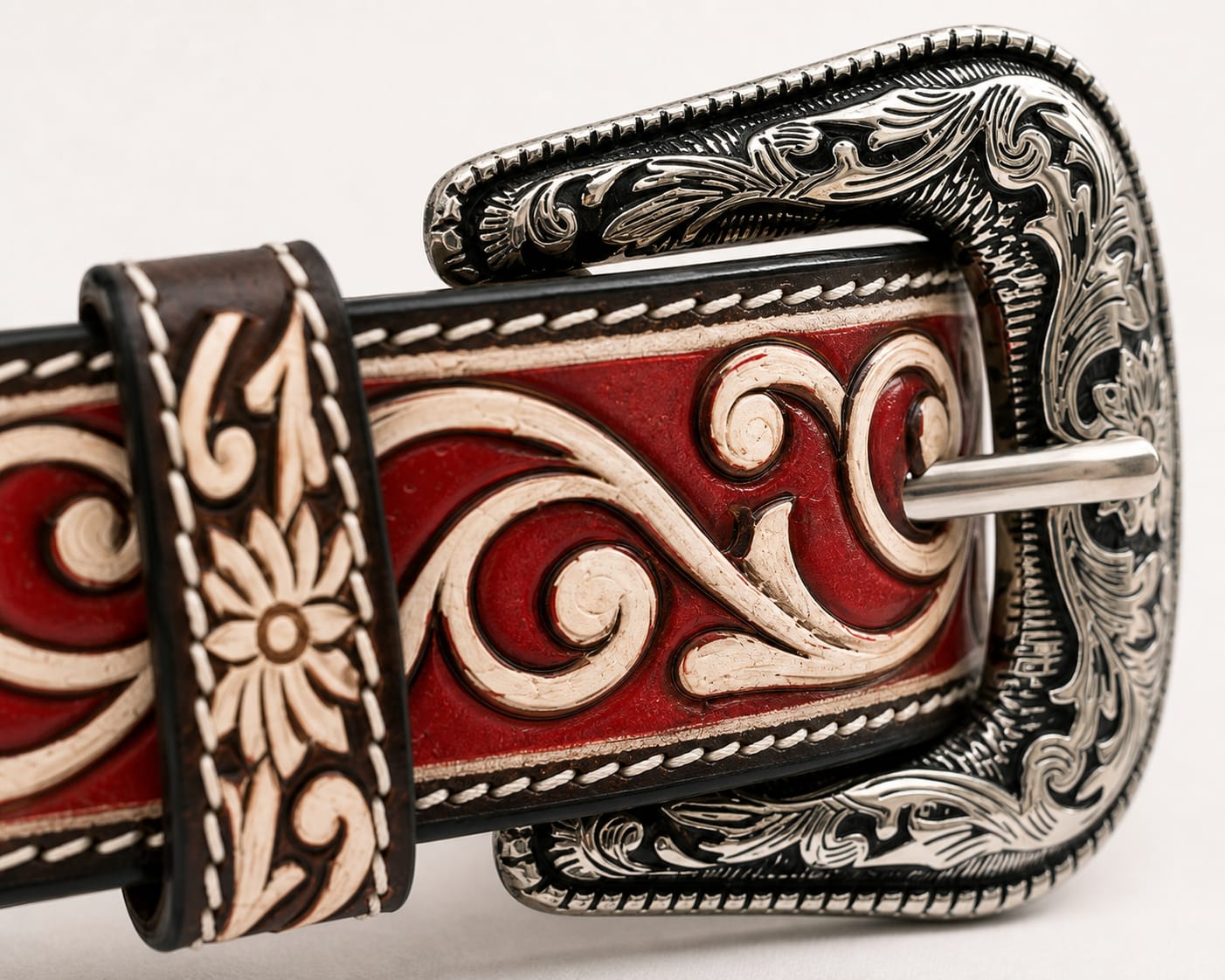 The Renegade Tooled Belt - handcrafted premium leather accessories in Crimson Red - view 2