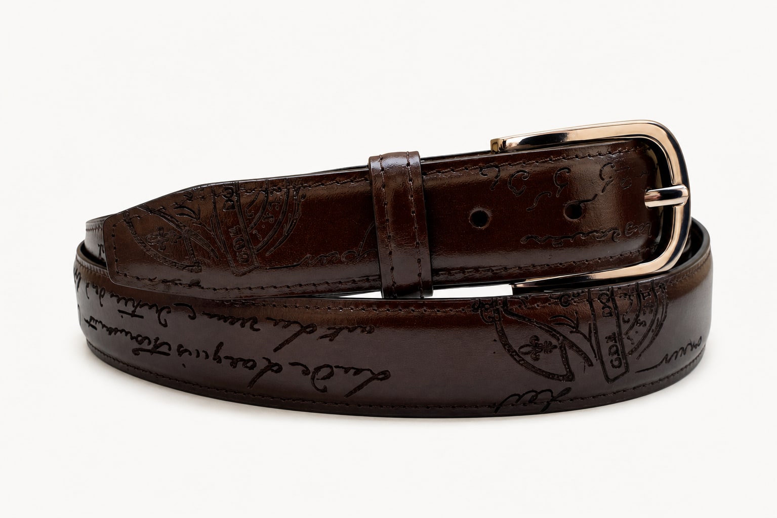 The Florentine Script Belt - handcrafted premium leather accessories in Chestnut Scritto - view 1