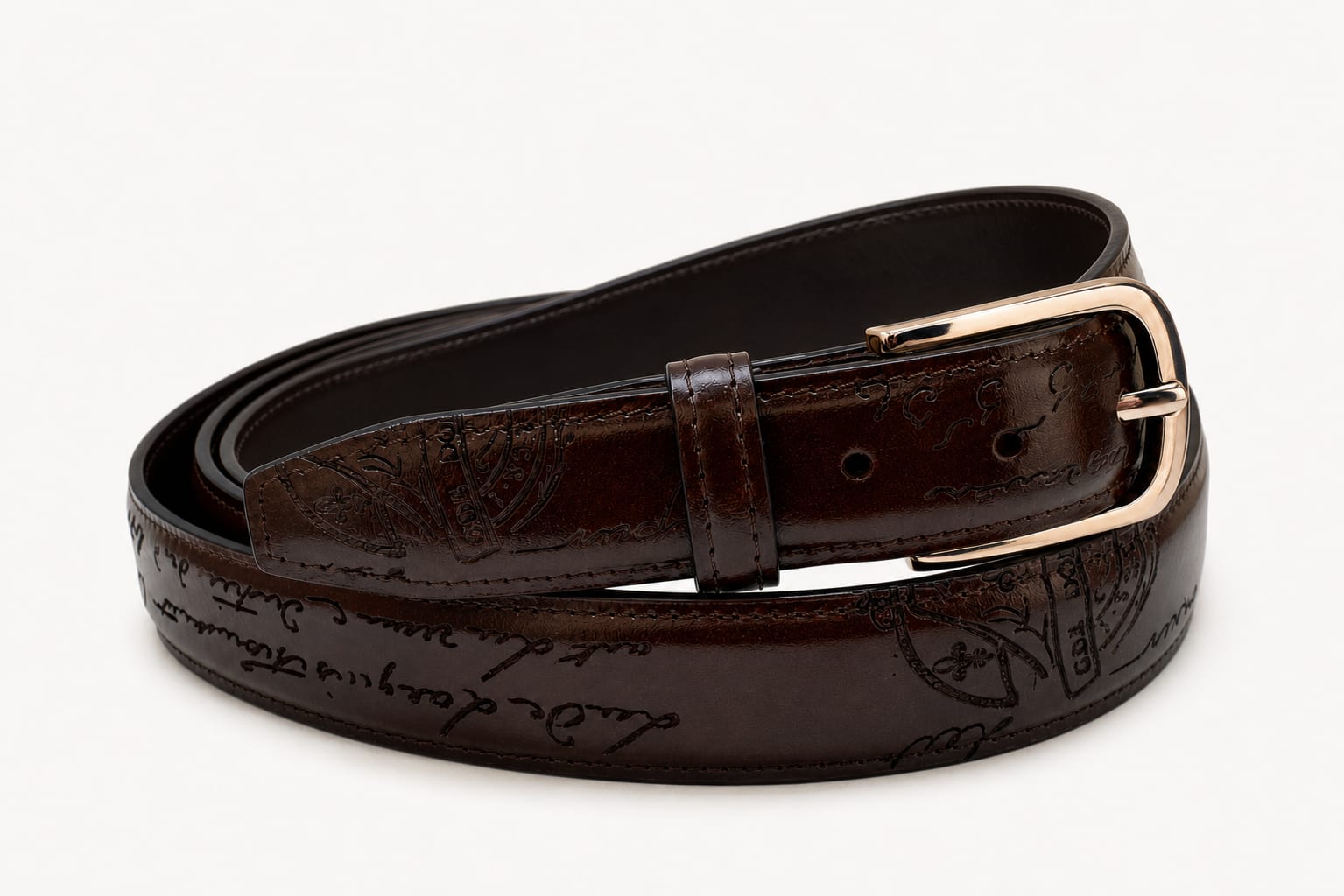 The Florentine Script Belt - handcrafted premium leather accessories in Chestnut Scritto - view 2