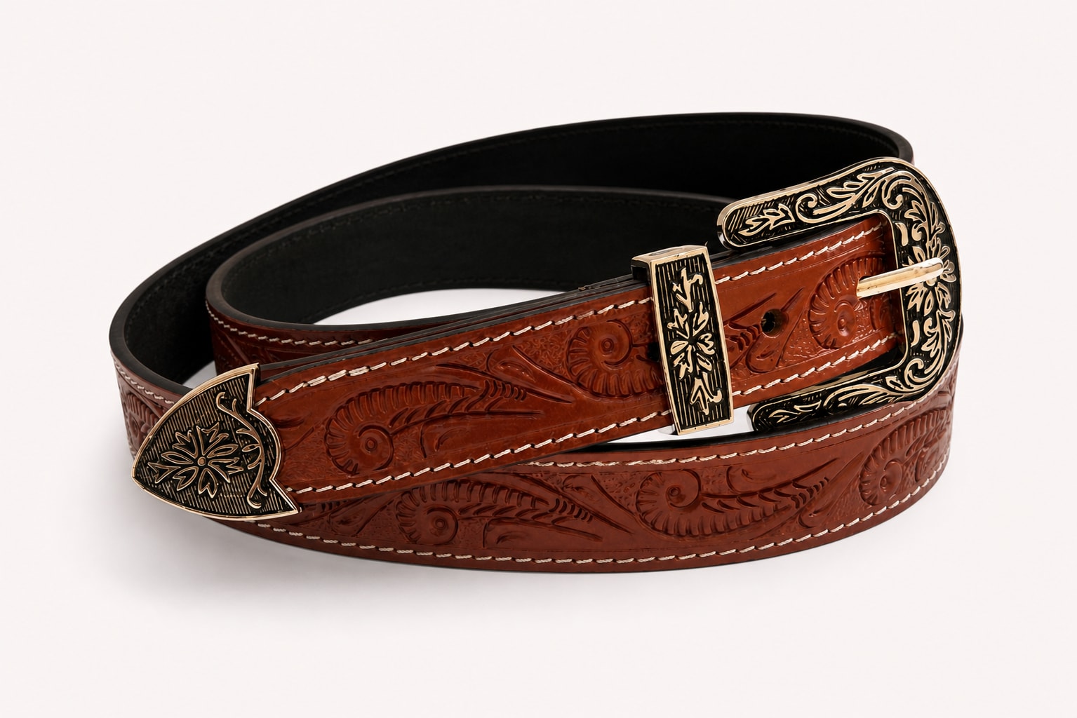 The Rancher Tooled Belt - handcrafted premium leather accessories in Cognac Tan - view 2