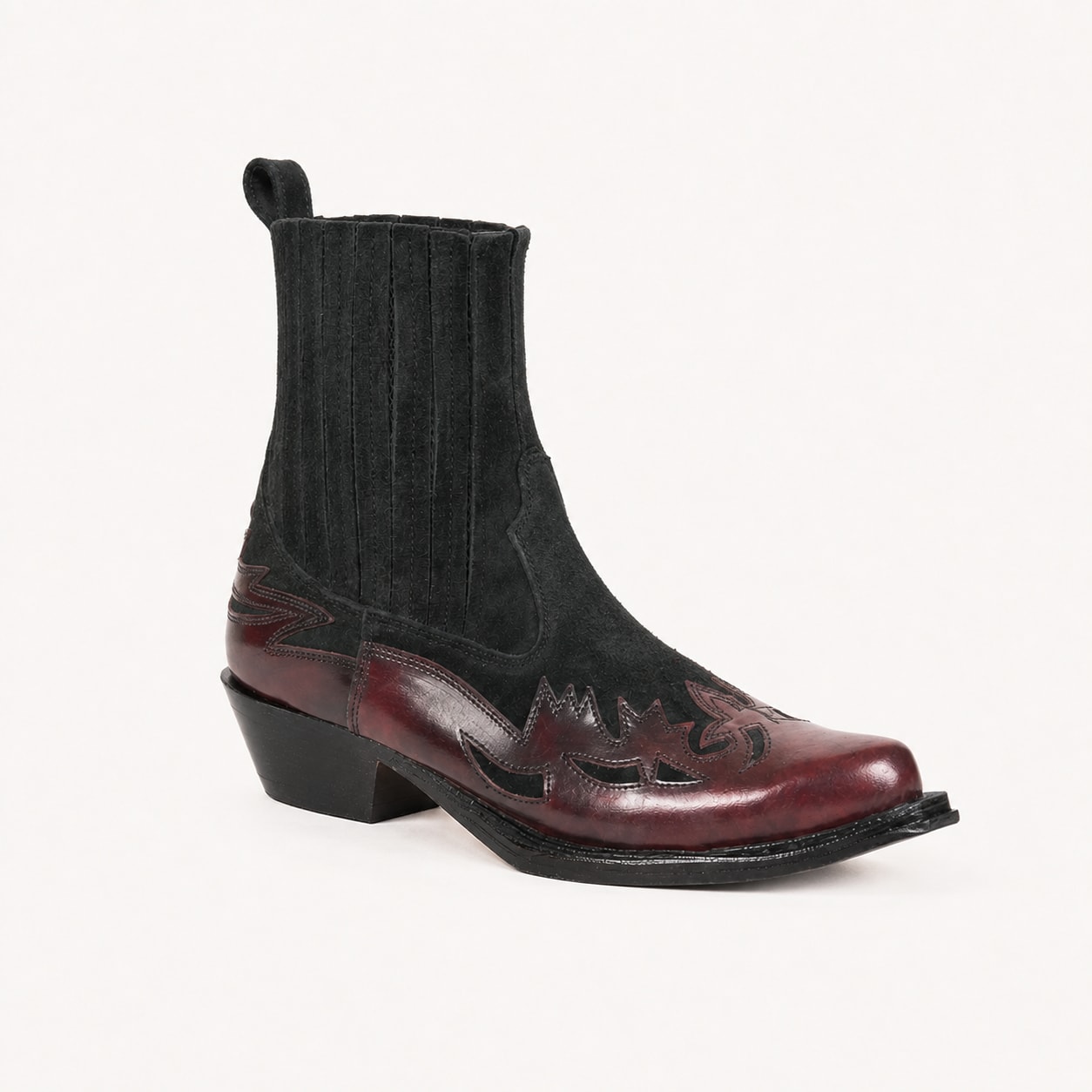 The Outlaw Western Chelsea Boot - handcrafted premium leather footwear in Black Cherry & Suede - view 2