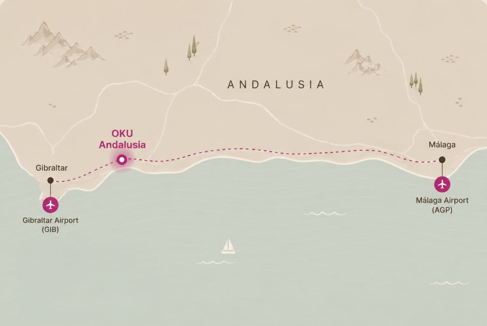 Map showing OKU Andalusia on the coast between Gibraltar and Sotogrande.