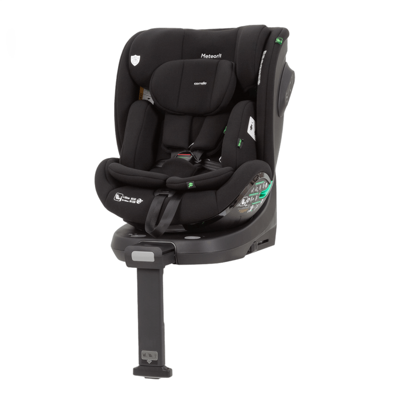 CARRELLO Meteorit CRL-16001 Carbon Grey i-Size child car seat with ISOFIX, rotating base, and adjustable support leg for enhanced safety and comfort