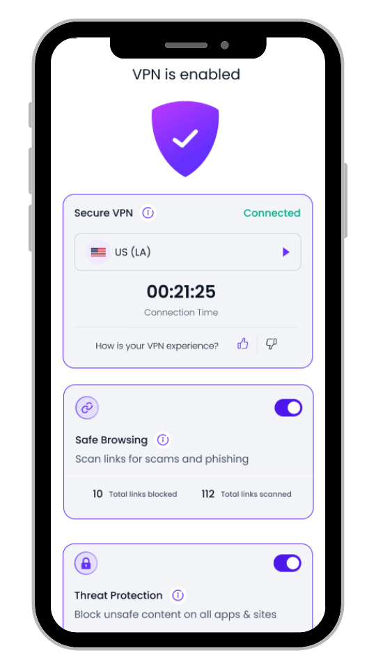 Webwise VPN mobile app showing Secure VPN, Safe Browsing, and Threat Protection enabled