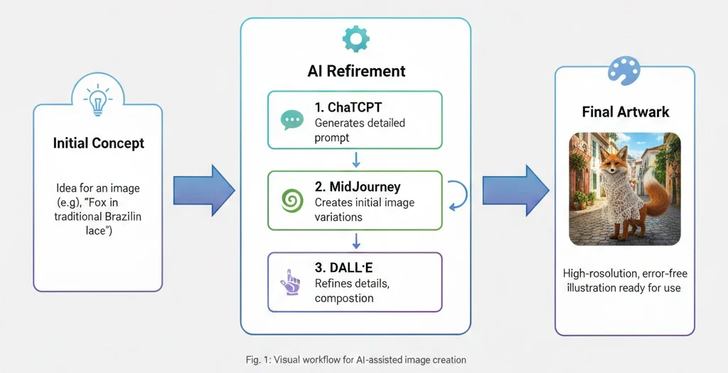 Workflow diagram showing prompt refinement from ChatGPT to MidJourney to final edit