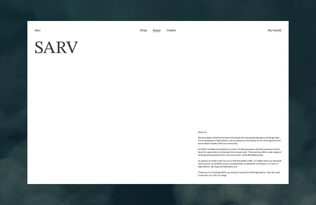 screenshot of the Sarv E-commerce website