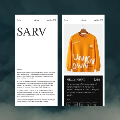 screenshot of the Sarv E-commerce website