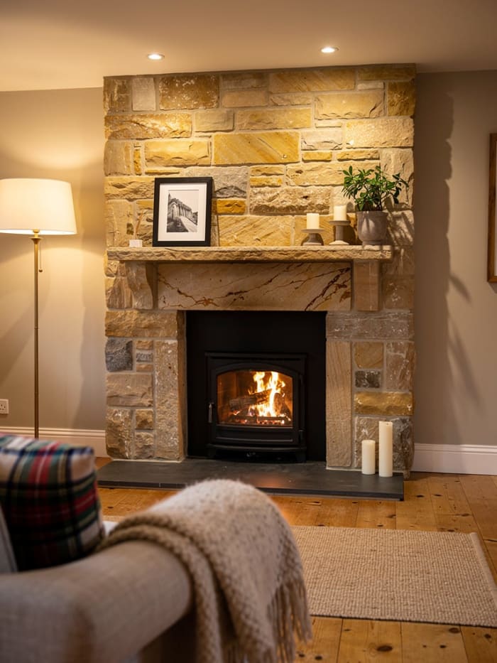 Completed stone fireplace surround with natural sandstone detail