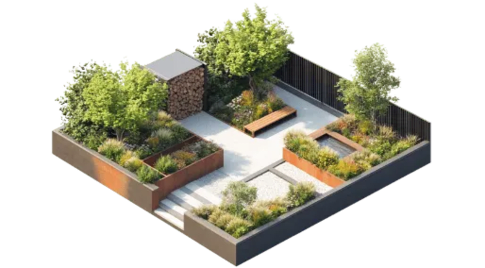 Montrose Landscapes in Surrey - Website Image showing isometric rendering of garden design. 
