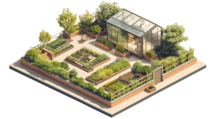 Montrose Landscapes in Surrey - Website Image showing isometric rendering of garden design. 