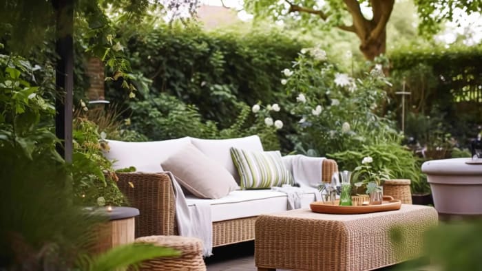 Luxurious garden lounge in Surrey designed by Montrose Landscapes, featuring natural rattan furniture and lush greenery.