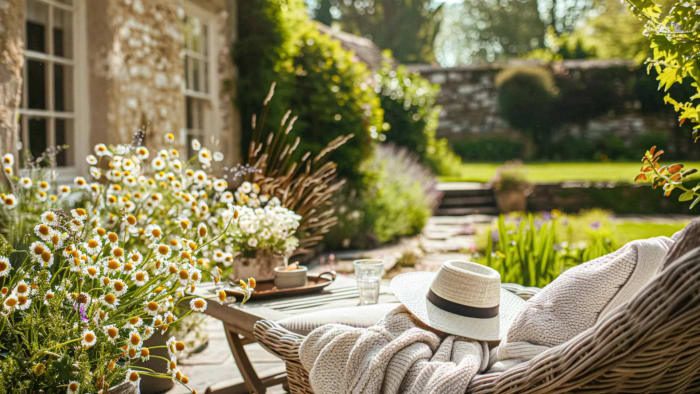 A peaceful courtyard garden in Surrey by Montrose Landscapes, featuring classic stonework, soft seating, and picturesque countryside views.