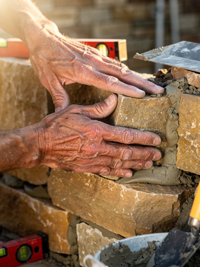 Stonemason carefully building a traditional stone wall