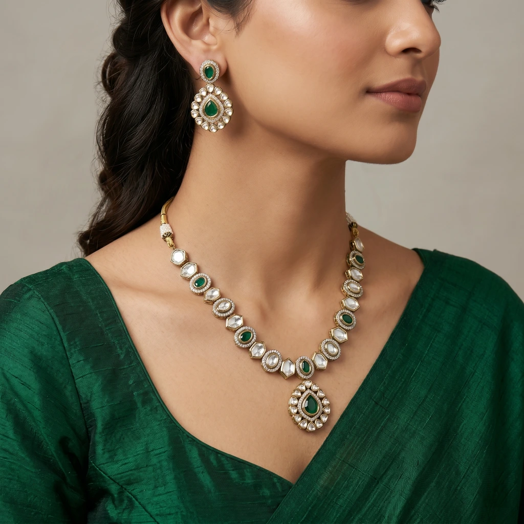Celeste Emerald Kundan Necklace Set image 2