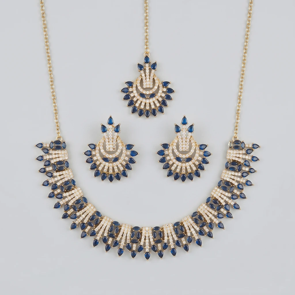 Azure Royale Blue Stone Necklace Set with Tikka