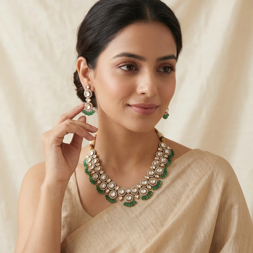 Emperor Emerald Kundan Necklace and Earring Set image 3