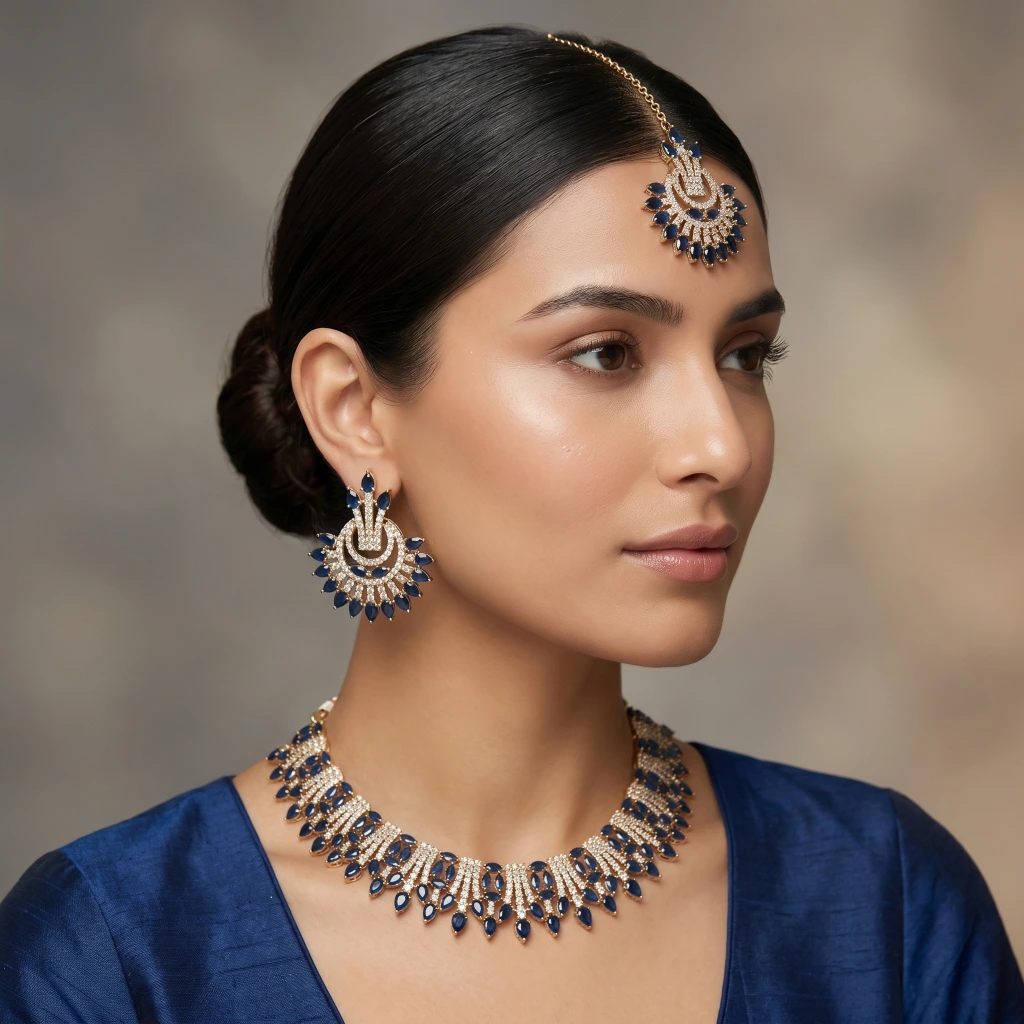 Azure Royale Blue Stone Necklace Set with Tikka image 2