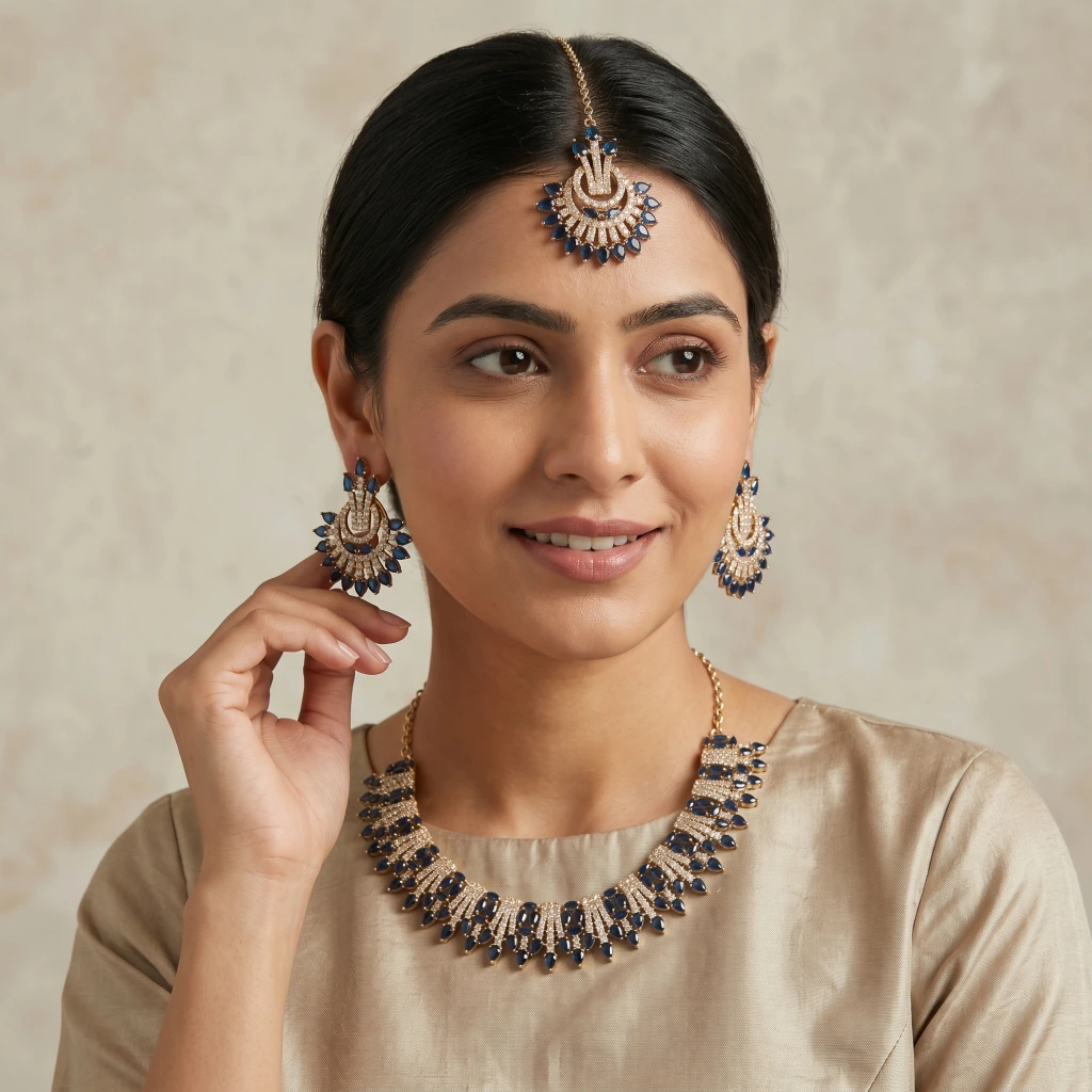 Azure Royale Blue Stone Necklace Set with Tikka image 3
