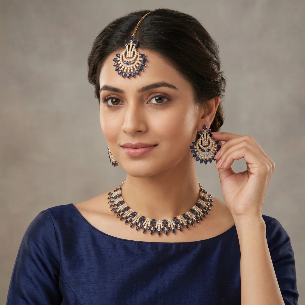 Azure Royale Blue Stone Necklace Set with Tikka image 4