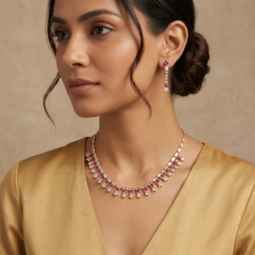 Saanvi Starry Crimson Suite Necklace & Earring Set image 1