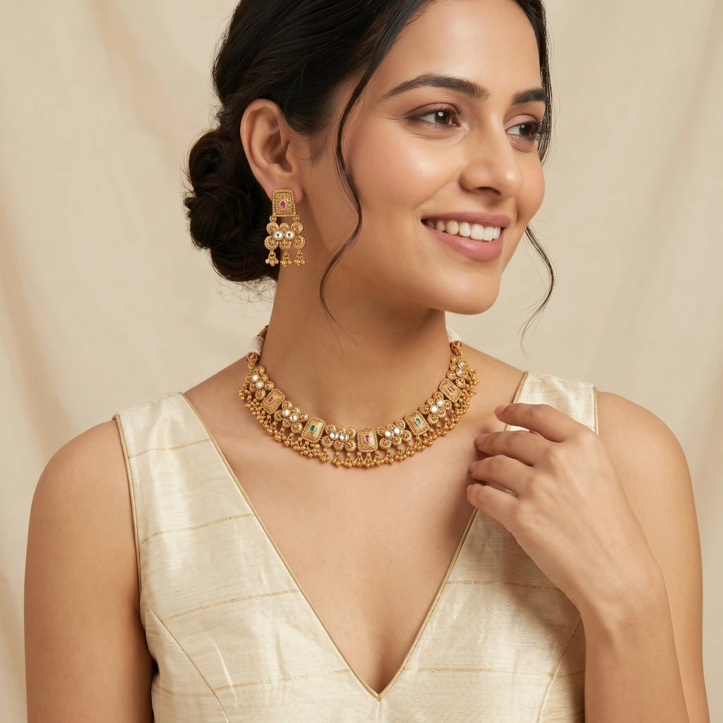 The Samira Royal Antique Gold Necklace Set image 3