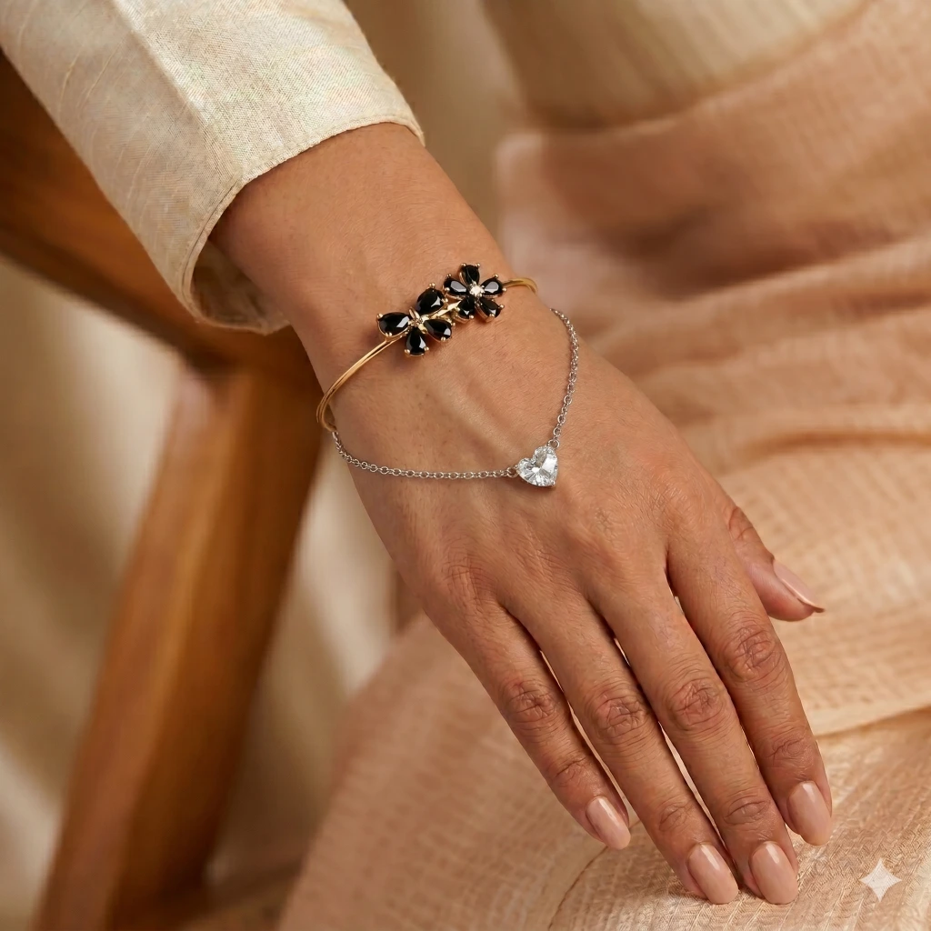 Gold Black Floral Heart Chain Bangle image 2