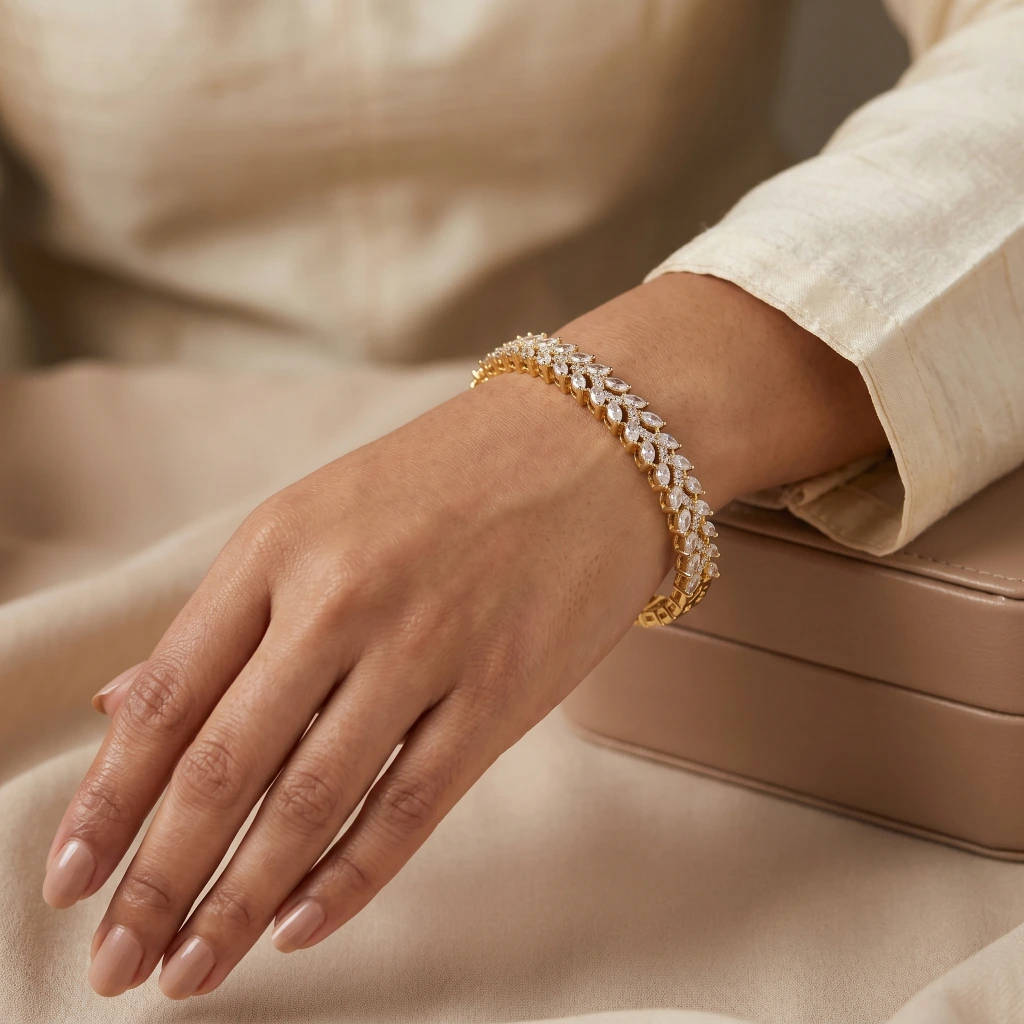 Gold White Stone Floral Leaf Cuff image 2