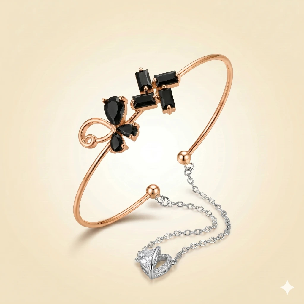 Rose Gold Black Stone Heart Cuff