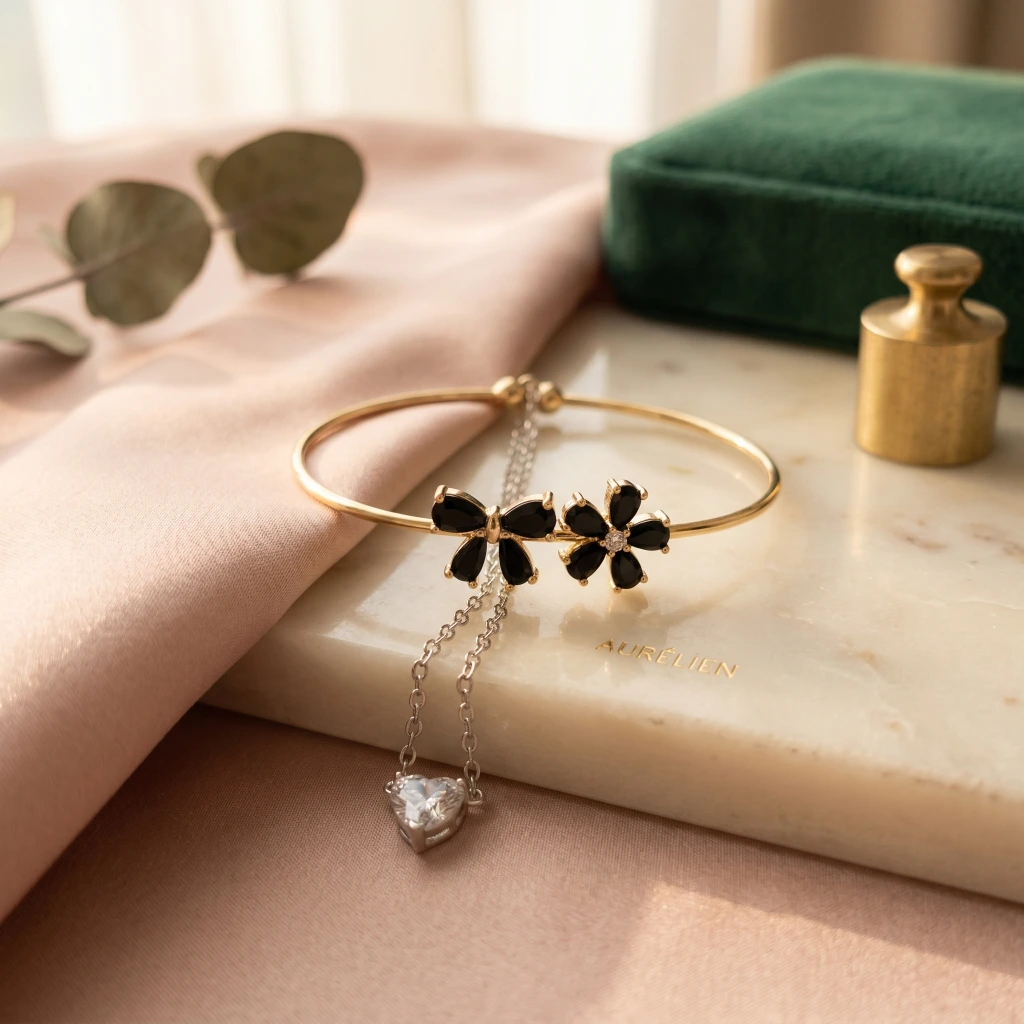 Gold Black Floral Heart Chain Bangle image 3