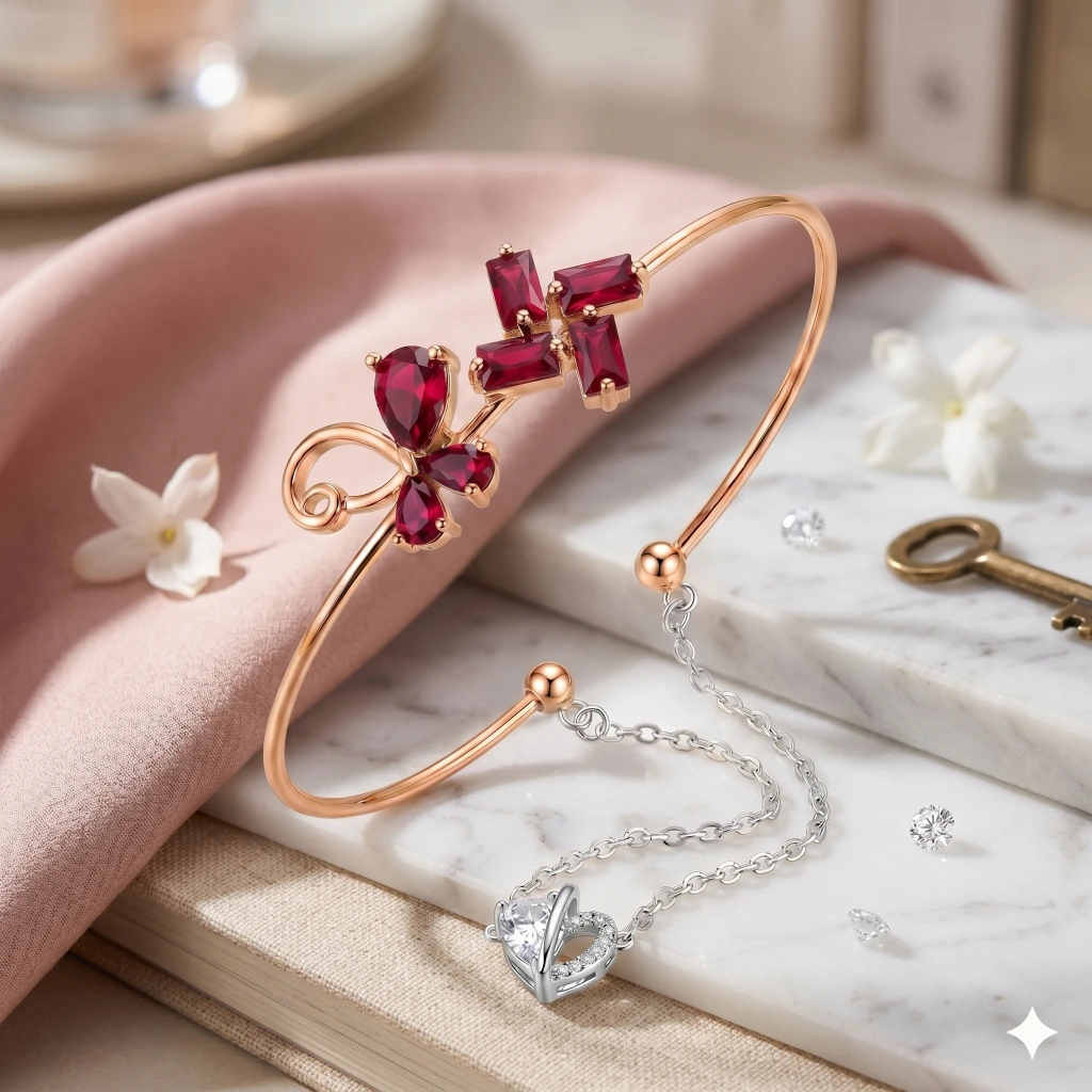 Rose Gold Ruby Red Stone Heart Cuff image 3