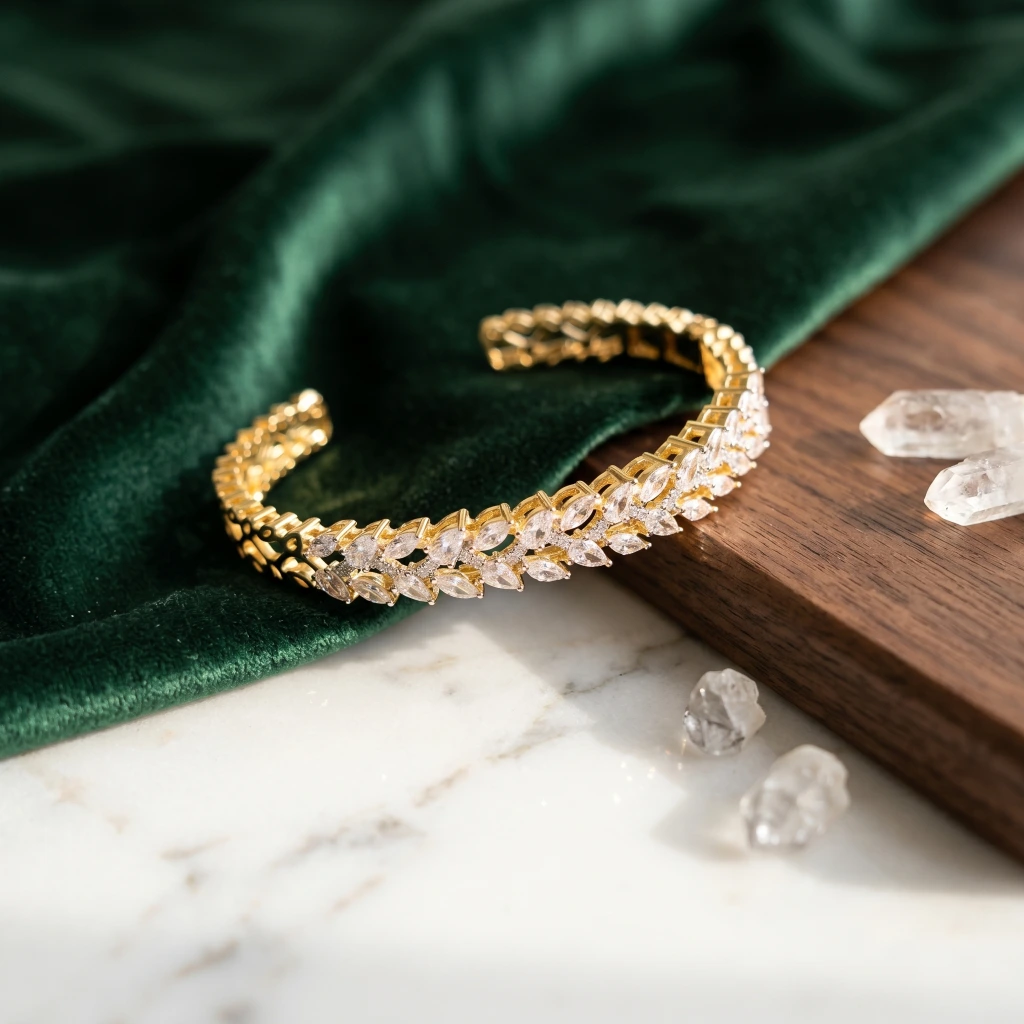 Gold White Stone Floral Leaf Cuff image 3