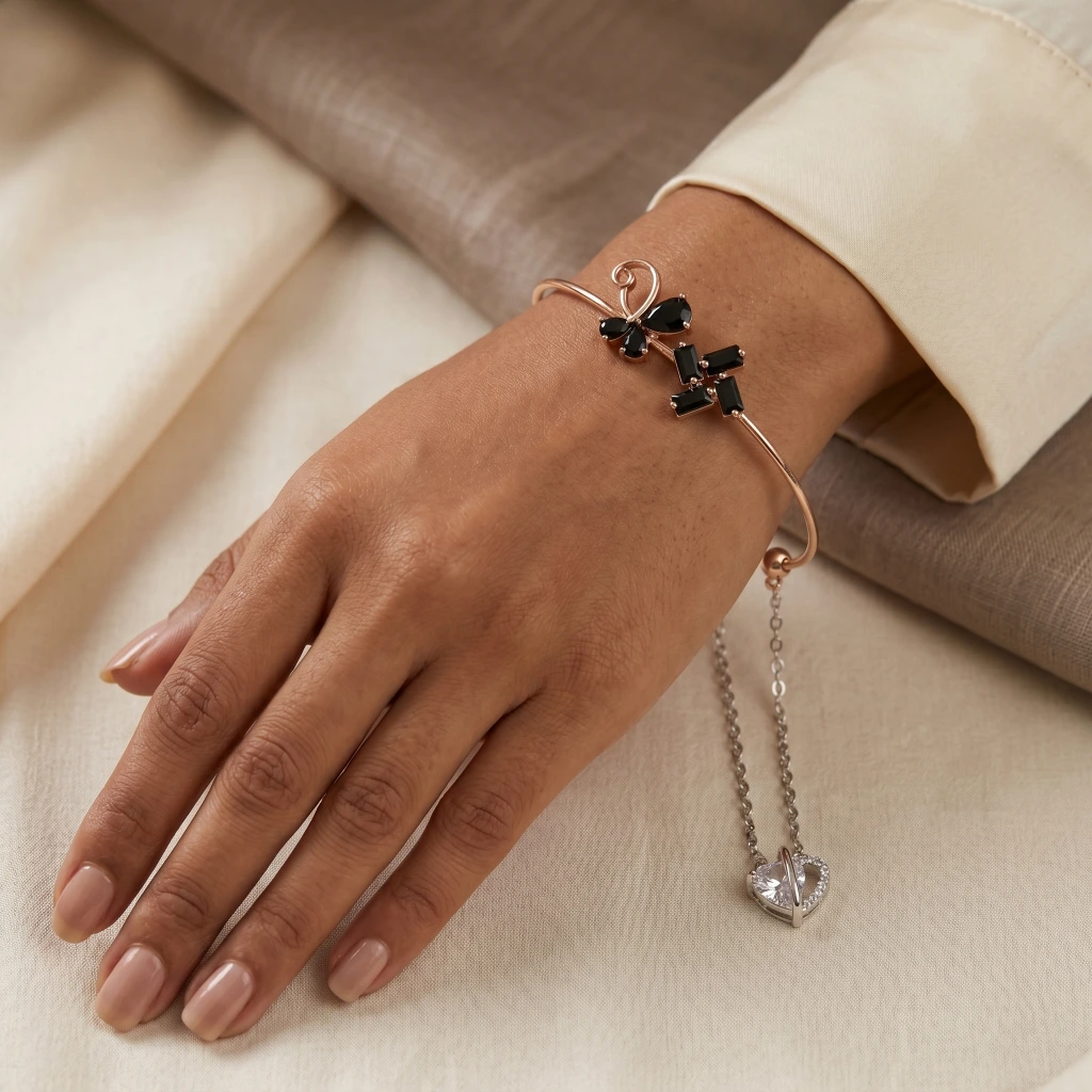 Rose Gold Black Stone Heart Cuff image 2